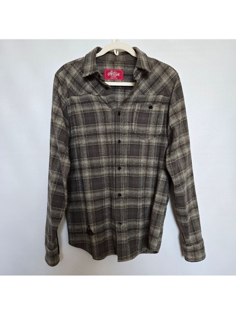 ACTIVE FLANNEL SHIRT MENS OLIVE-GREEN CREAM BUTTON DOWN (M)
